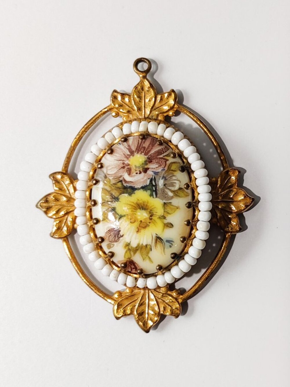 Signed Miriam Haskell Painted Porcelain Floral Pendant